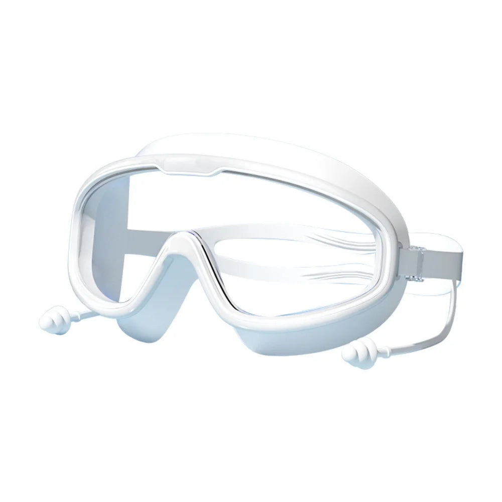 Adult Swimming Goggles | Wide Frame · Anti-Fog · Waterproof · Ear Plugs Included | White · Black | Braviixx