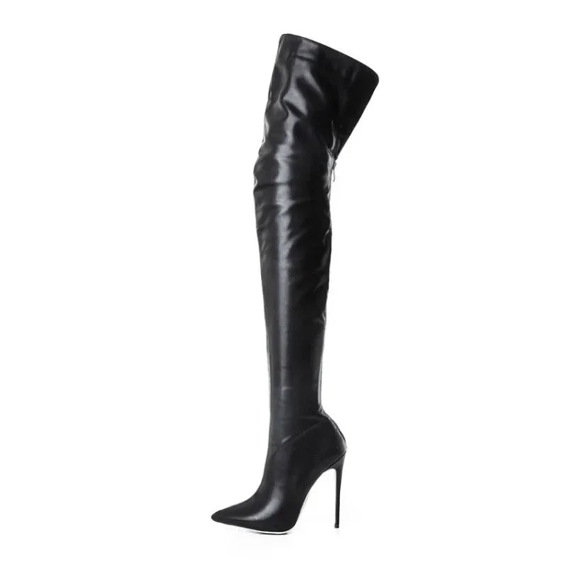 Plus Size 34-46 Women Boots Sexy Thigh High Boots Stretch PU Leather Over-the-knee Heeled Boots Black Red Autumn Winter Shoes