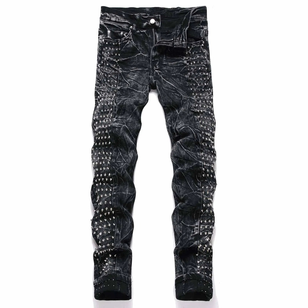 2026 Retro Punk High Street Trend Black Jeans Rivet Design Men Slim Casual Pants Fashion Classic Men Denim Pants Four Season New