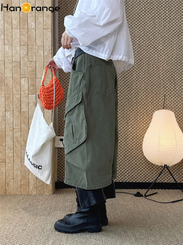 HanOrange 2026 Summer High Waist 3D Pleated Pocket Calf-Length Jeans Women Loose Cropped Denim Capris Military Green/Blue