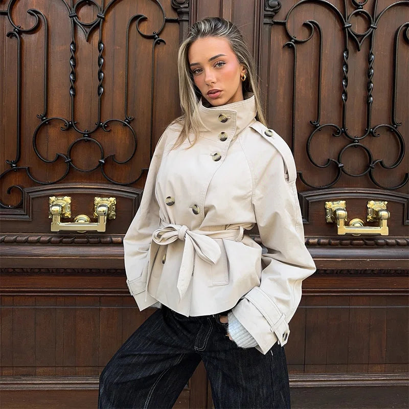 Women's Coats Jacket Double Breasted Belted Cropped Trench Coat Stand Collar Long Sleeve Casual New Arrival Outerwear For Ladies