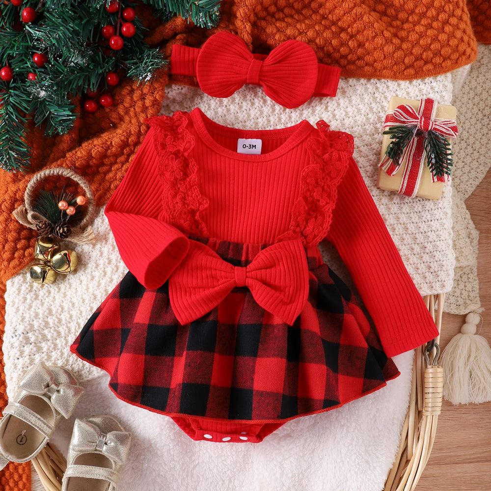 Newborn Baby Girl Plaid Christmas Romper with Headband | 0–12M | Braviixx