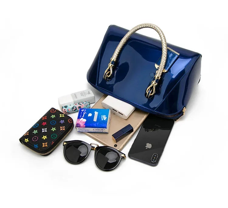 Glossy Top-Handle Handbag | Shoulder Strap & Gold-Tone Details | Braviixx
