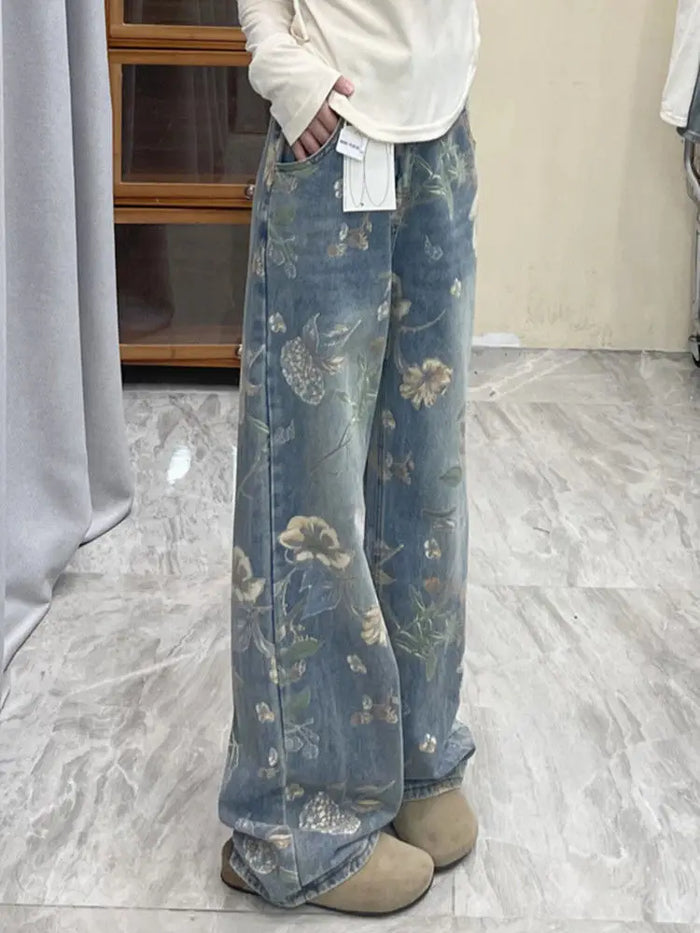 Vintage Floral Printed Jeans For Women Spring Autumn Casual Loose Straight Denim Pants Full Length Trousers Street wear