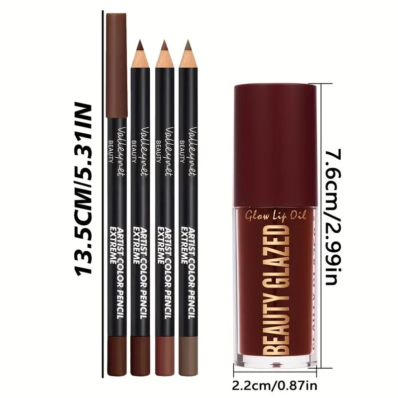 4-Piece Waterproof Matte Lip Kit | 3 Lip Liners + 1 Lip Glaze