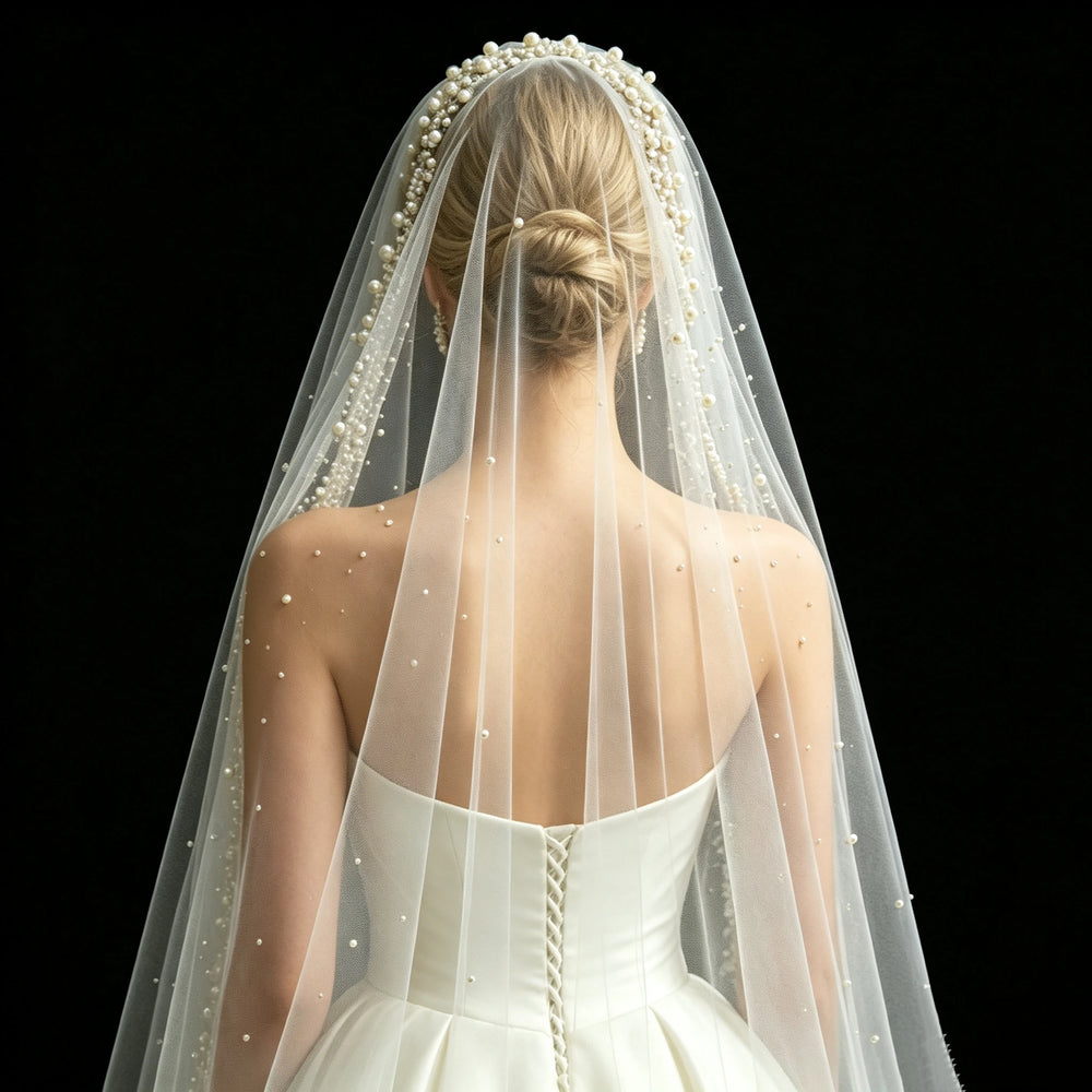 Pearl-Beaded Cathedral Bridal Veil | Single Tier with Comb | Braviixx