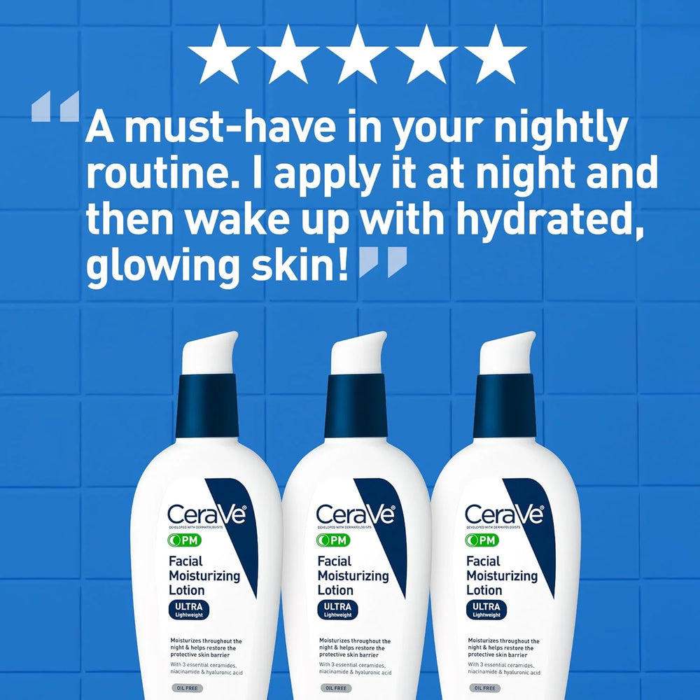 CeraVe PM Facial Moisturizing Lotion with Hyaluronic Acid & Niacinamide,Ultra-Lightweight,Oil-Free Moisturizer for Face,3 Ounce