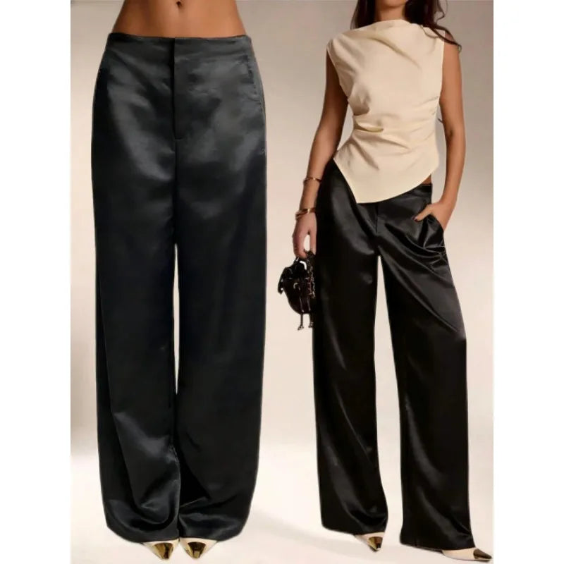 2026 Summer New Women Satin Wide Leg Pants Europe America Fashion High Waist Elegant Office Casual Trousers Y2k Streetwear Women