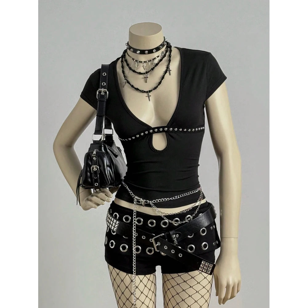 Gothic Punk Top Women Black Stud Embellished Deep V Neck Cutout Short Sleeve Fitted Blouse 2026
