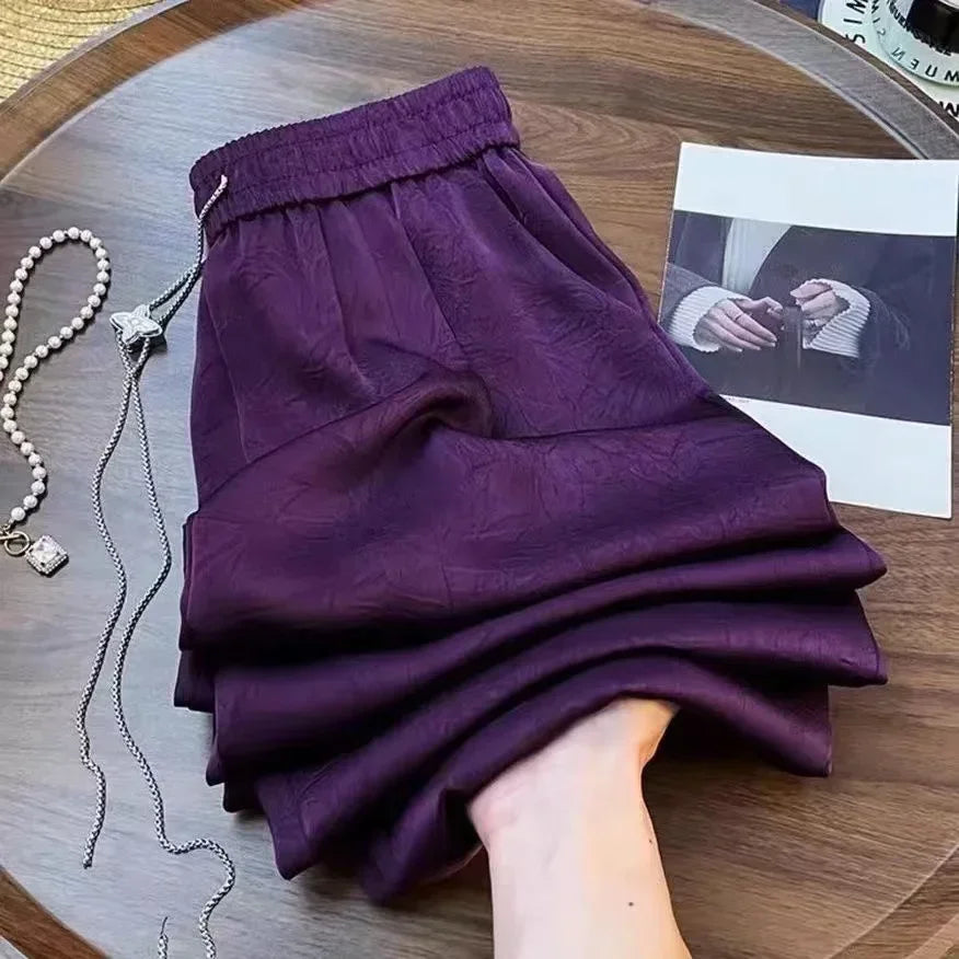 2026Women's Vintage Satin Long Pants Chinese Style Solid High Waist Wide Leg Pants Loose Casual Versatile Streetwear Women Pants