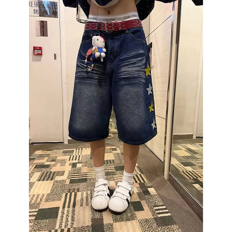 YIBASHU 2026 Summer Women American Retro Jorts Punk Denim Shorts Y2K 2000s Japanese Harajuku Blue Star Cargo Jeans Pants