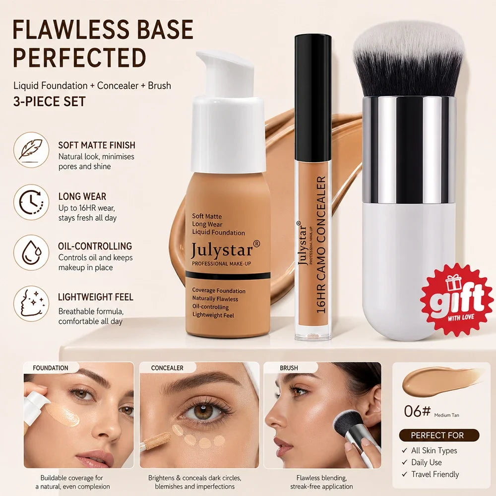 3-Piece Foundation & Concealer Makeup Kit | Brush Included | Braviixx