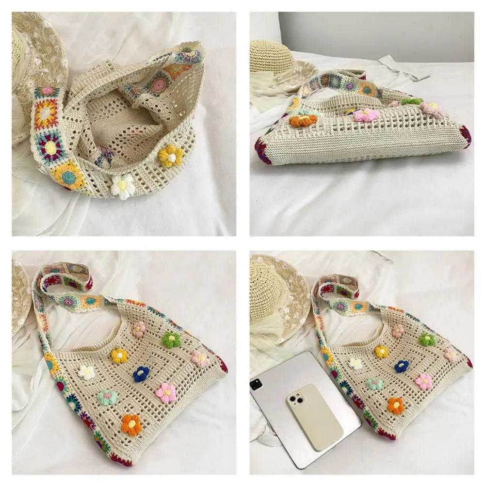 Women's Boho Floral Crochet Knitted Shoulder Bag
