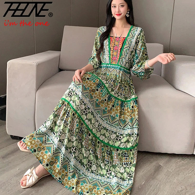 Boho Print Maxi Dress | Square Neck & Tiered Skirt | Braviixx