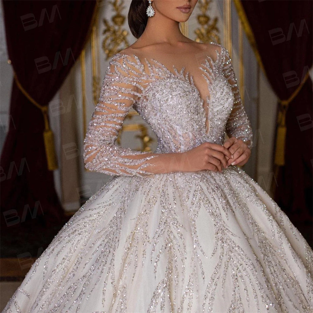 Beaded Long Sleeve Wedding Ball Gown | Chapel Train | Braviixx