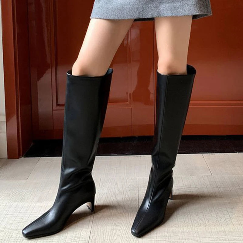 JOZHAMTA Size 34-43 2026 Women Real Leather Long Boots Fashion High Heels Shoes For Winter Boots Office Lady Daily Dress Shoes