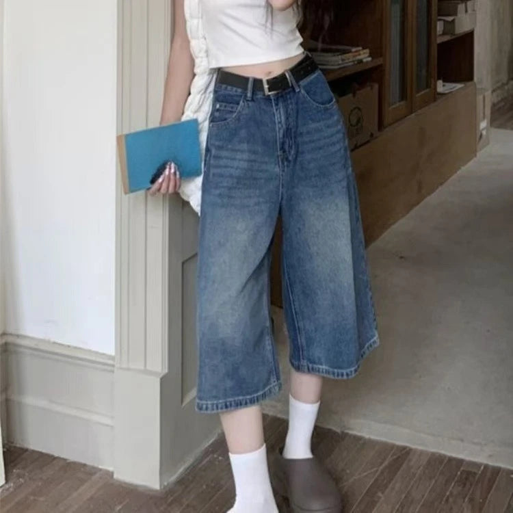 2026 Y2k Retro Women Low Rise Jorts Brushed Black Wash Cropped Baggy Jeans Wide Leg Frayed Denim Short Pants Fashion