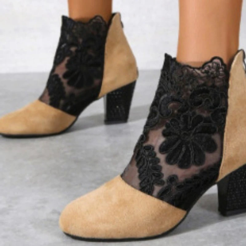 Women's Floral Lace Ankle Boots | Embellished Block Heels | Braviixx