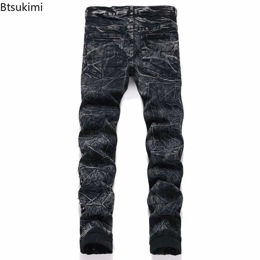 2026 Retro Punk High Street Trend Black Jeans Rivet Design Men Slim Casual Pants Fashion Classic Men Denim Pants Four Season New