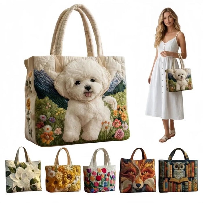 Vintage Printed Canvas Tote Bag | Large Capacity Quilted Handbag for Women