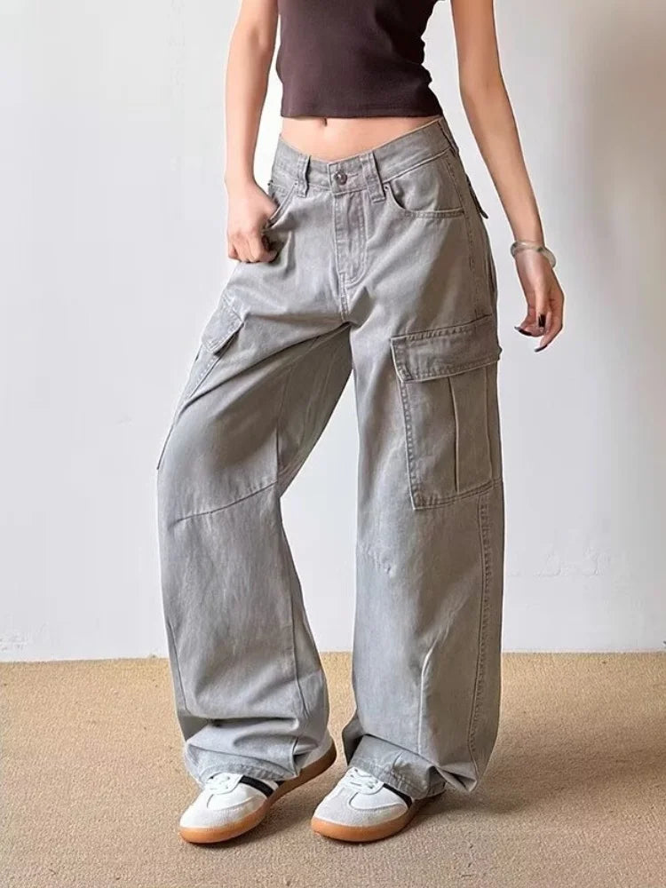 2026 Ropa Y2K Fashion Vintage Grey Baggy Cargo Jeans Pants For Women Clothing Wide Leg Kpop Casual Lady Trousers Pantalon Femme