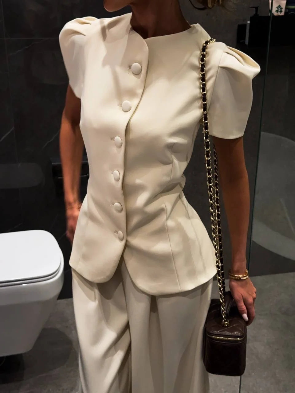 Elegant Solid Satin Coat Women Chic Round Neck Puff Short Sleeve Single Breasted Waist Cinching Jacket 2026 Lady Street Top