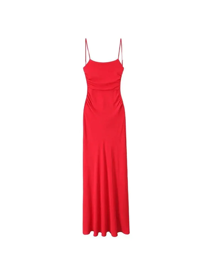Women's Satin Spaghetti Strap Ruched Backless Maxi Dress | Scoop Neck | Sleek A-Line | Red · Black · Chocolate Brown | XS–L