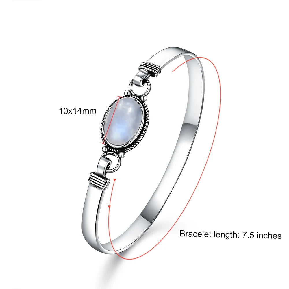 Vintage 925 Silver Natural Oval Moonstone Bangle 7.5 inches Handmade Bangle Fine Jewelry Valentines Gift for Girlfriend Women