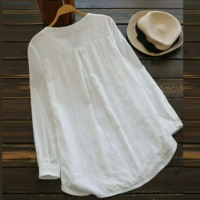 Floral Embroidery Cotton Linen Blouse | V-Neck Long Sleeve Loose Top