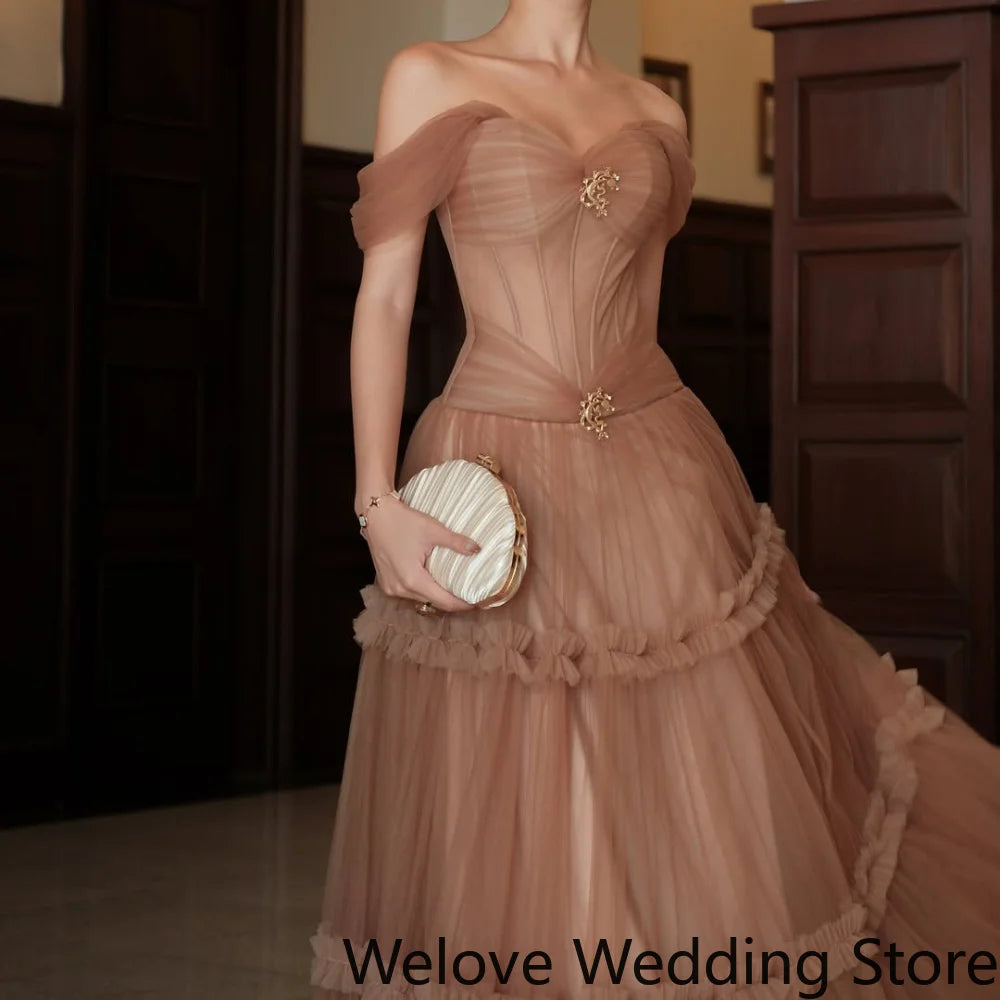 Off-the-Shoulder Sheer Corset Tulle Gown | Tiered Ruffle Skirt Formal Evening Dress