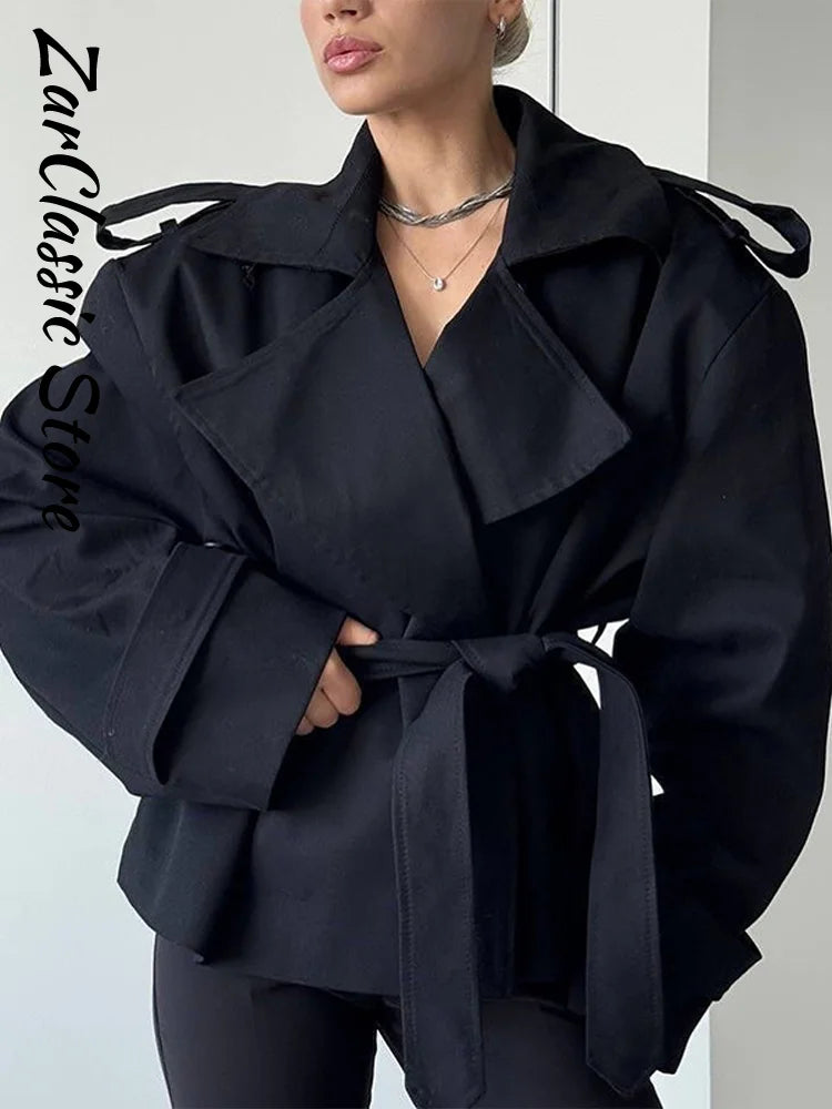 Street Lace Up Trench Coats Women Long Sleeve Lapel Waist Cinching Cropped Windbreaker Female Autumn Lady Elegant Casual Jacket