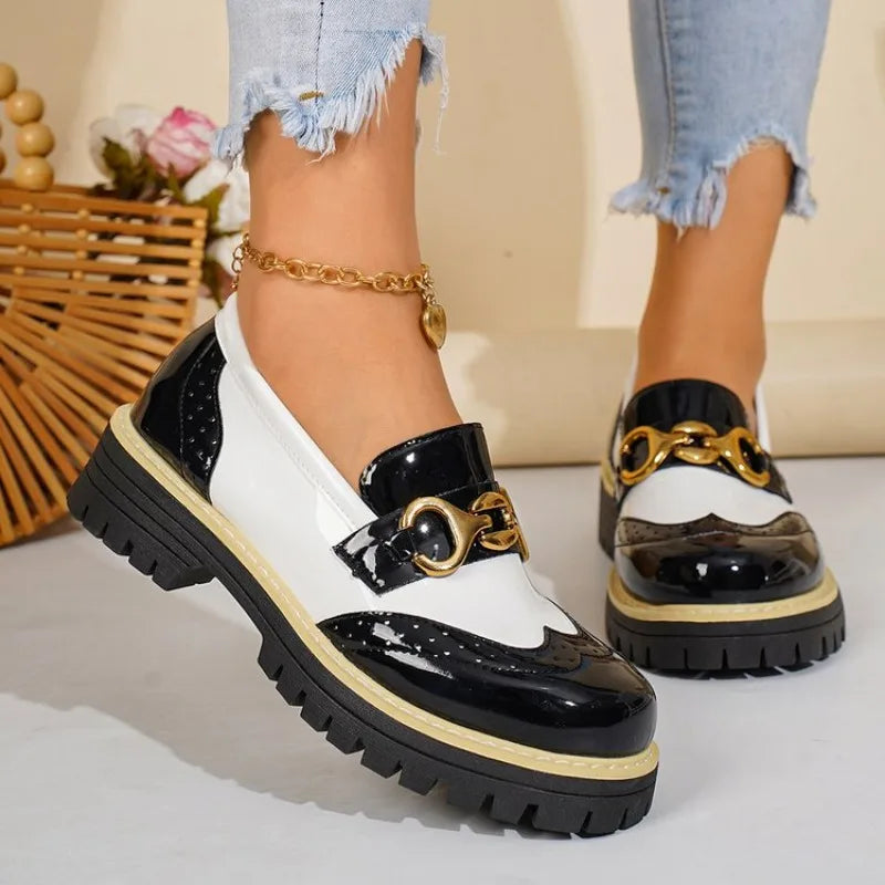Women's Glossy Colourblock Loafers | Chunky Sole & Gold-Tone Detail | Braviixx