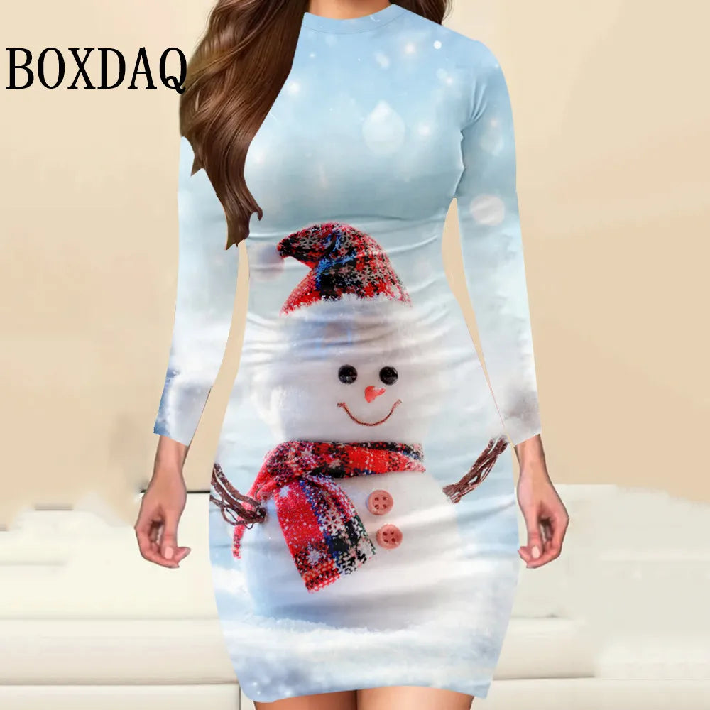 Christmas Print Bodycon Mini Dress | Long Sleeves | Braviixx