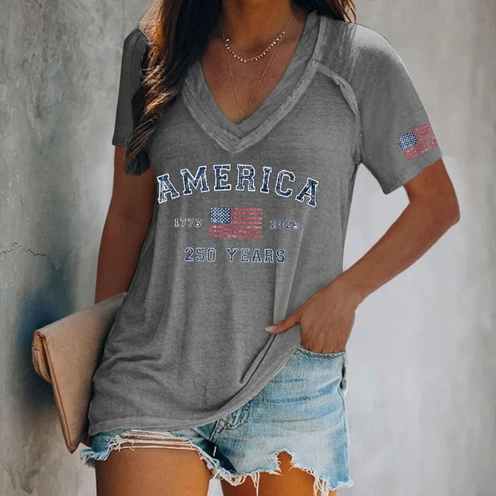 Women's America 250 Print T-Shirts Casual Loose Short Sleeve V Neck Tops Summer Tees 2026 New Arrival