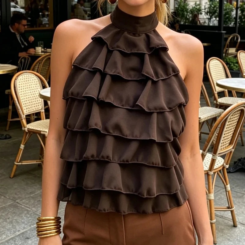 Women's Ruffle Layered Chiffon Crop Halter Vest Top 2026 Summer Sleeveless Going Out Tank Tops Y2k Streetwear