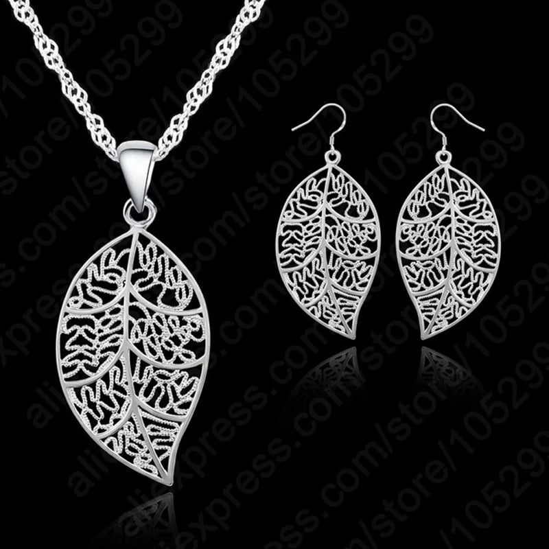 Women's Silver-Tone Leaf Jewellery Set | Openwork Pendant & Drop Earrings | Braviixx