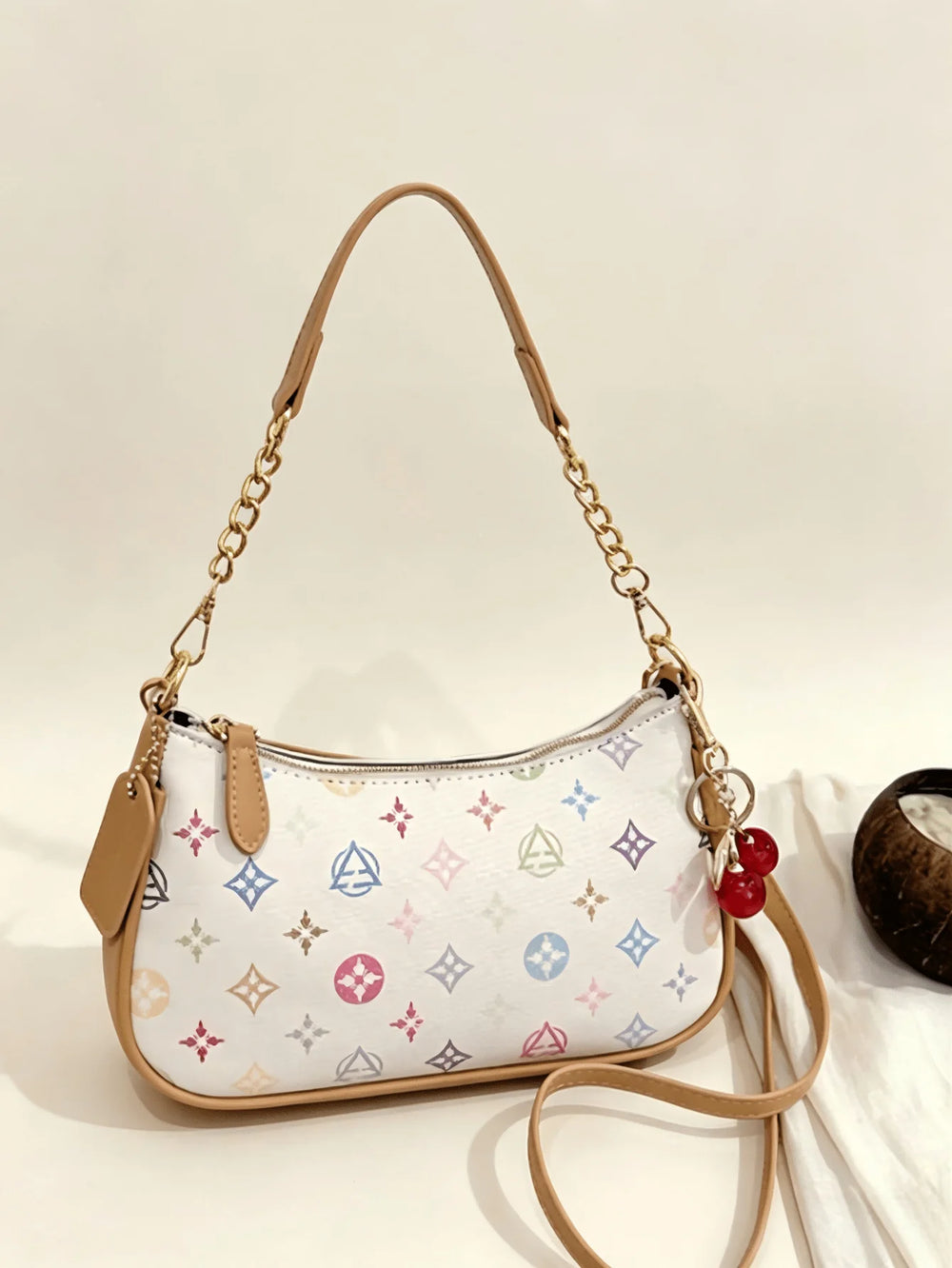 Printed Crescent Shoulder Bag | Cherry Charm & Chain Strap | Braviixx