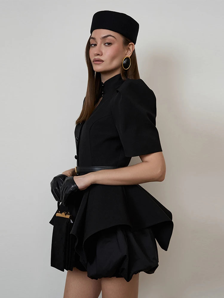 2026 Spring Chic Women Peplum Blazer Elegant High Neck Cutout Puff Sleeves Asymmetric Ruffled Hem Coat Lady Fashion Streetwear