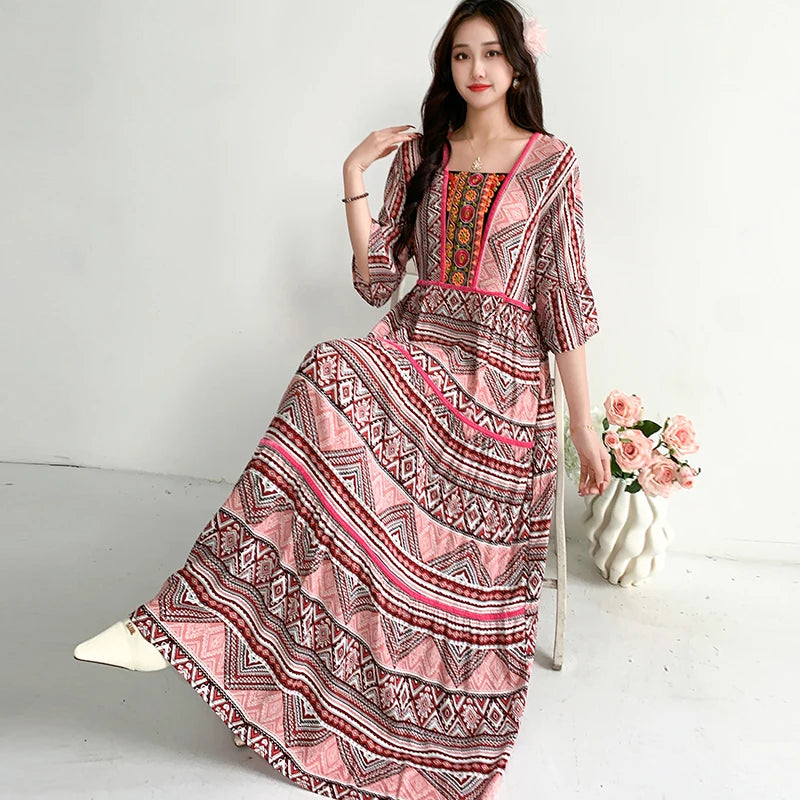 Boho Print Maxi Dress | Square Neck & Tiered Skirt | Braviixx
