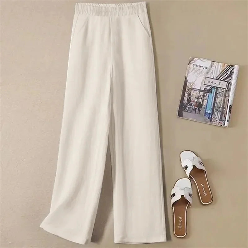 Linen Wide Leg Pants Women New Summer Thin Elastic High Waist Long Pants Autumn Casual Loose Cotton And Linen Straight Trousers