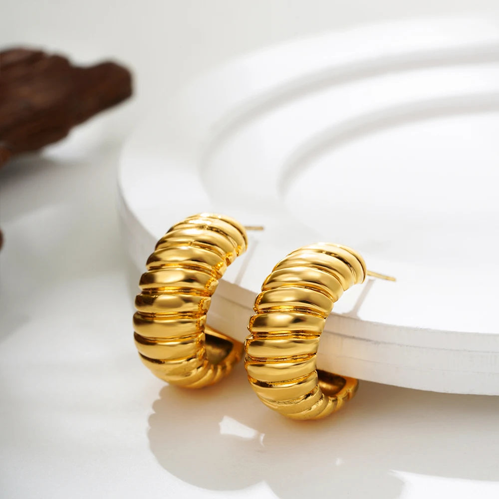 Vintage Texture Stripe C-shape Chunky Hoop Earrings for Women 18k Gold Plated Twisted Statement Hoops Fashion Jewelry Gifts
