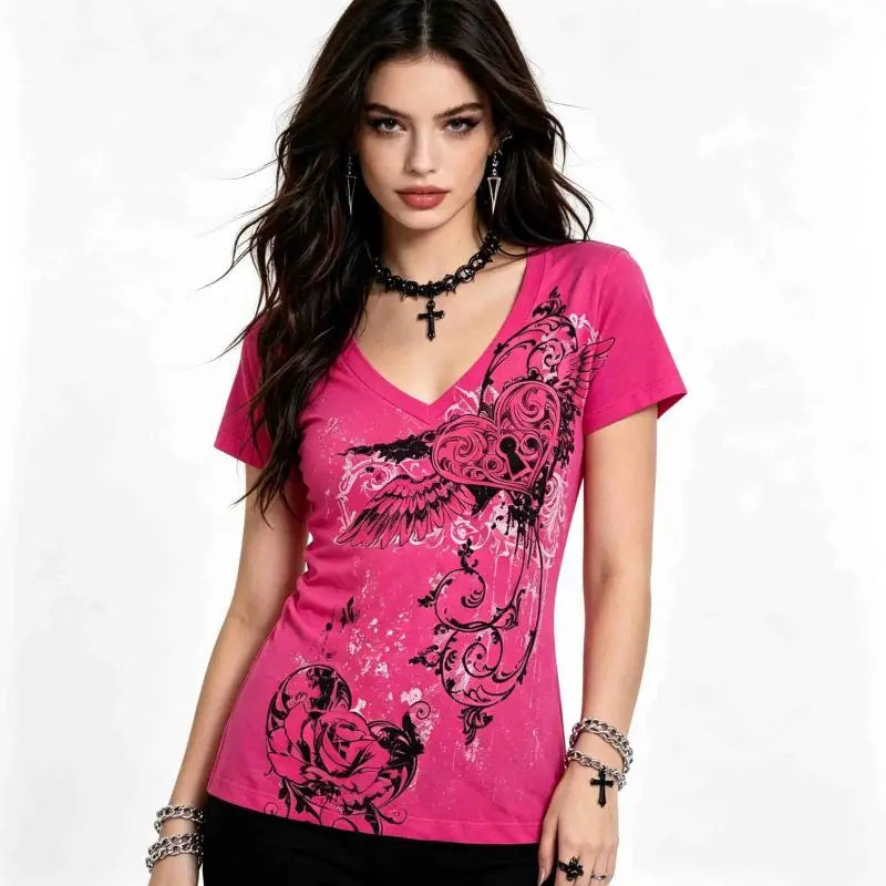 Women Y2K Hot Pink Graphic Tee with Heart Wings & Rose Print, V-Neck Fitted Short Sleeve T-Shirt 2026