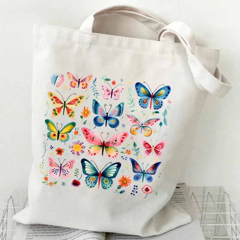 Vintage Skull & Floral Canvas Tote Bag | Butterfly Print Shoulder Bag | Braviixx