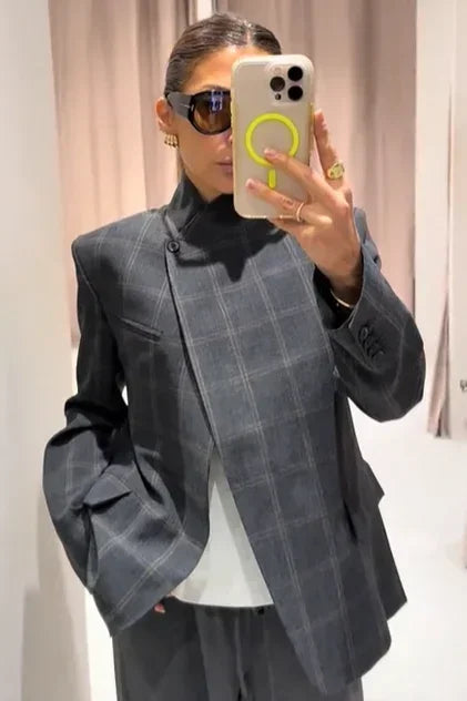 Women Stand Collar Irregular Plaid Blazer Jackets Long Sleeve Split Loose Short Jackets 2026 Stylish Lady Daily Commute Outwears