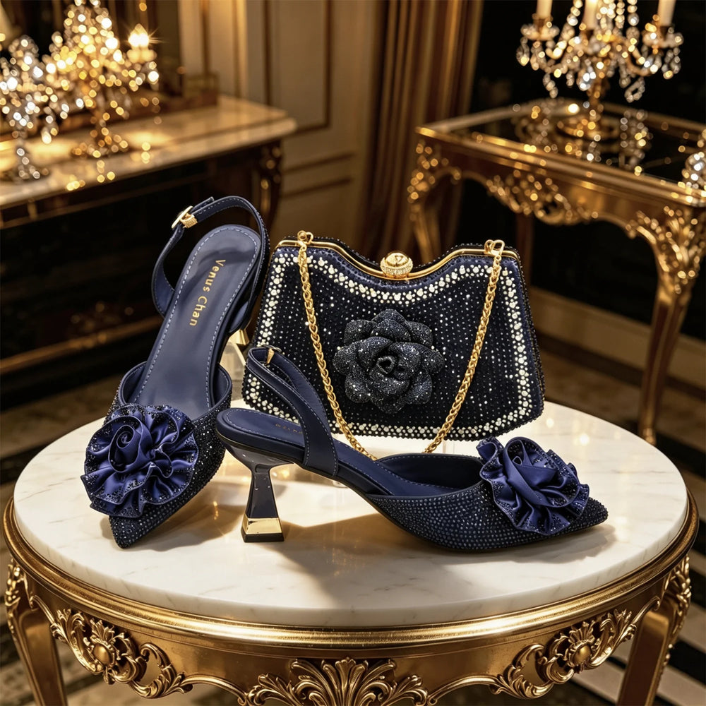 Women's Luxury 3D Rose Rhinestone Shoes & Bag Set – Pointed Toe Slingback Heels | 4 Colors | EU 37–42