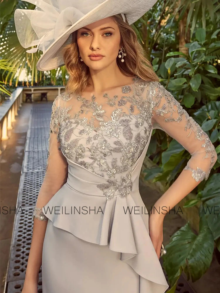 Customized Wedding Guest Wedding Party Dresses Sheath/Column Mother of the Bride Dress Grey O-Neck Lace Ruffles Cocktail Gowns