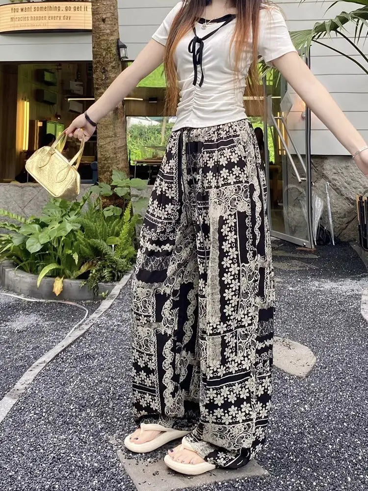 Retro Print Design Palazzo Pants Women's Summer Lightweight Loose Slimming Drapey Plus Size Casual Straight Leg Sports Pants