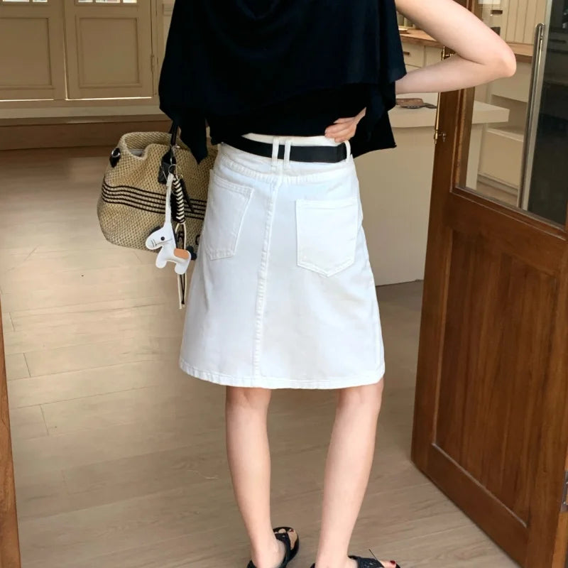 Women's Off White With Belt Denim Mini Skirts Summer 2026 Fashion High Waisted Casual Split A-line Jeans Skirt Female