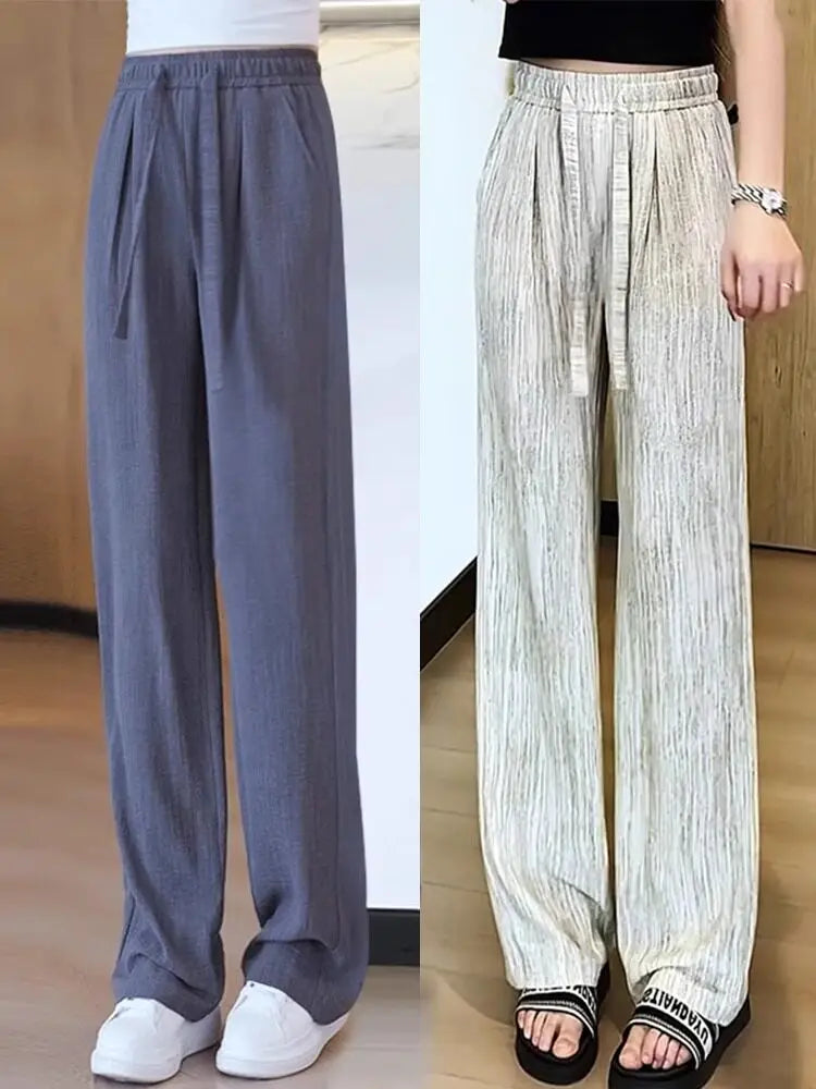 Women's High Waist Wide Leg Pants 2026 Summer Ice Silk Linen Loose Fit Flowy Straight Leg Casual Trousers Women Pants Sweatpants