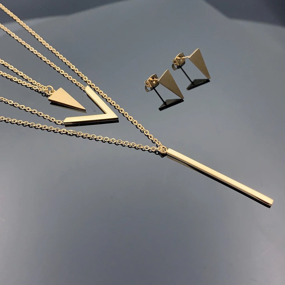V-Shaped Layered Necklace & Earrings Set | Braviixx